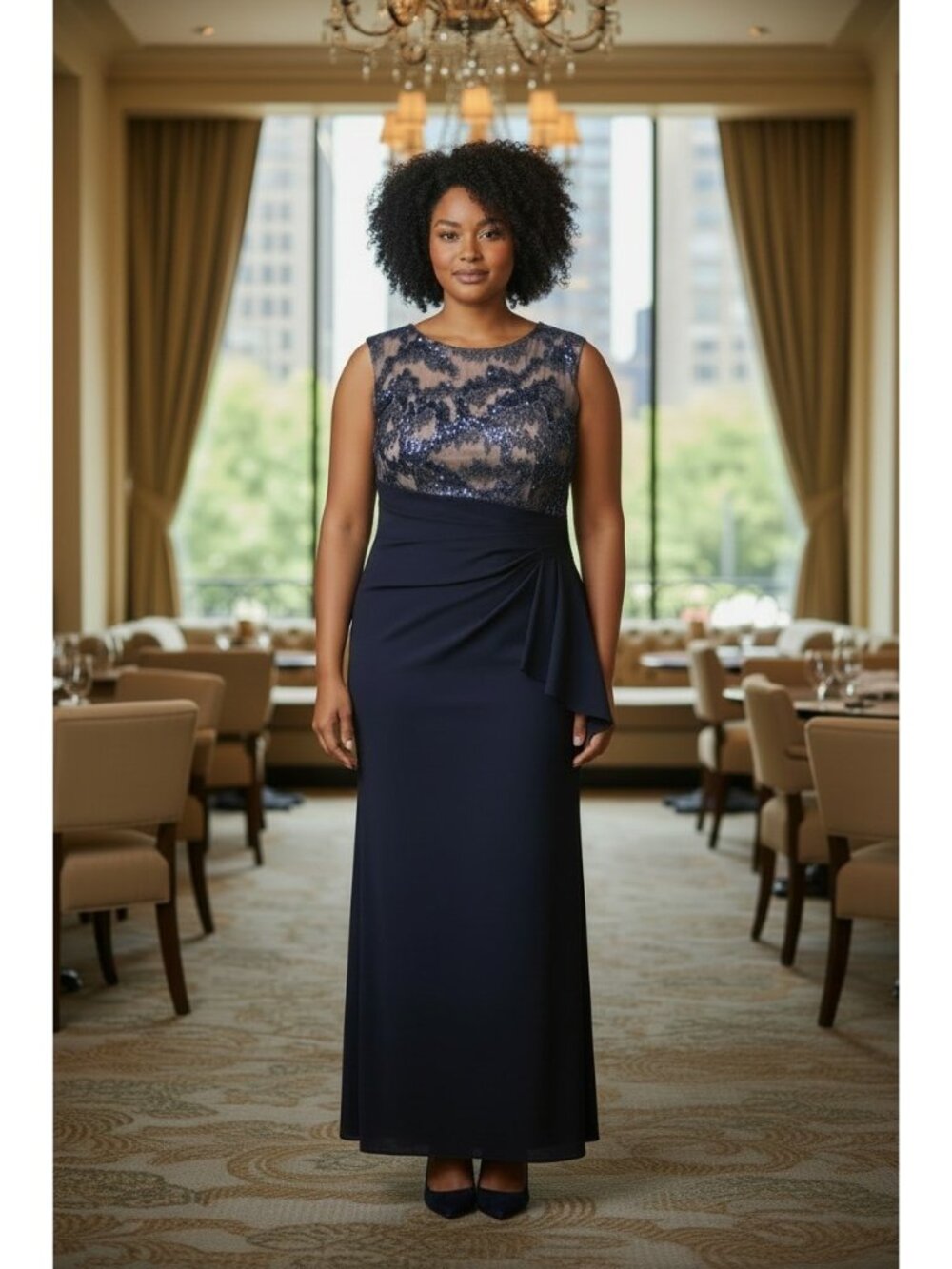 Le Bos Womens 16W Boat Neck Navy Blue Nude Long Dress  Wedding Guest Formal MOB